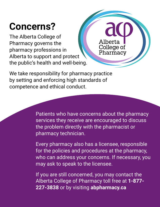 ACP patient concerns poster: speak with your pharmacist or pharmacy technician, then the licensee; if still concerned contact ACP at 1-877-227-3838.