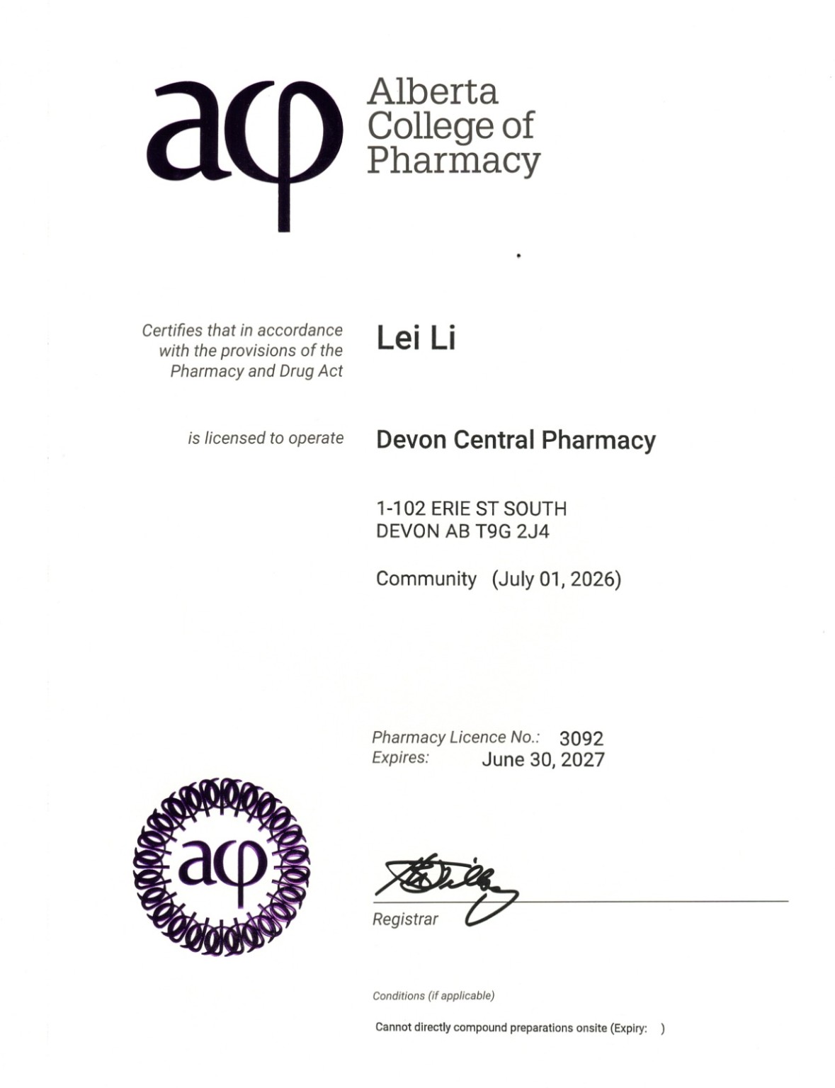 Scanned ACP pharmacy licence for Devon Central Pharmacy, licensee Lei Li, licence 3092, expiry June 30, 2027